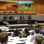 Judges of the Supreme Court of Canada engaged with University of Manitoba Law Student this fall during the Court's historic visit to Winnipeg. Left to Right: Dr. Jonathan Black-Branch, Dean of Law; the Hon. Richard J.F. Chartier, Chief Justice, Manitoba Court of Appeal; the Hon. Rosalie Silberman Abella; the Right Hon.Richard Wagner, P.C. Chief Justice of Canada; the Hon. Clément Gascon