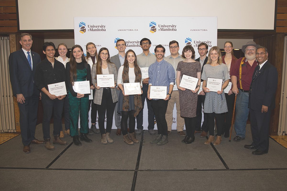 Winners in the 15th annual Undergraduate Research Poster Competition with (far right) Dr. Digvir Jayas (VP Research and International) and (far left) Dr. Jay Doering (Associate VP Partnerships)