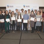 Winners in the 15th annual Undergraduate Research Poster Competition with (far right) Dr. Digvir Jayas (VP Research and International) and (far left) Dr. Jay Doering (Associate VP Partnerships)