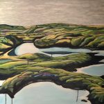 A painting of Iceland's green landscape caught in eerie light