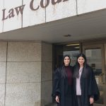 Winnipeg actor and law student, Anjali Sandhu (right) at the law courts building for a moot court competition with classmate Lauren Yusim (left).