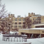 File photo of Fort Garry campus in winter, next to the Elizabth Dafoe Libray, looking towards the Buller Building.