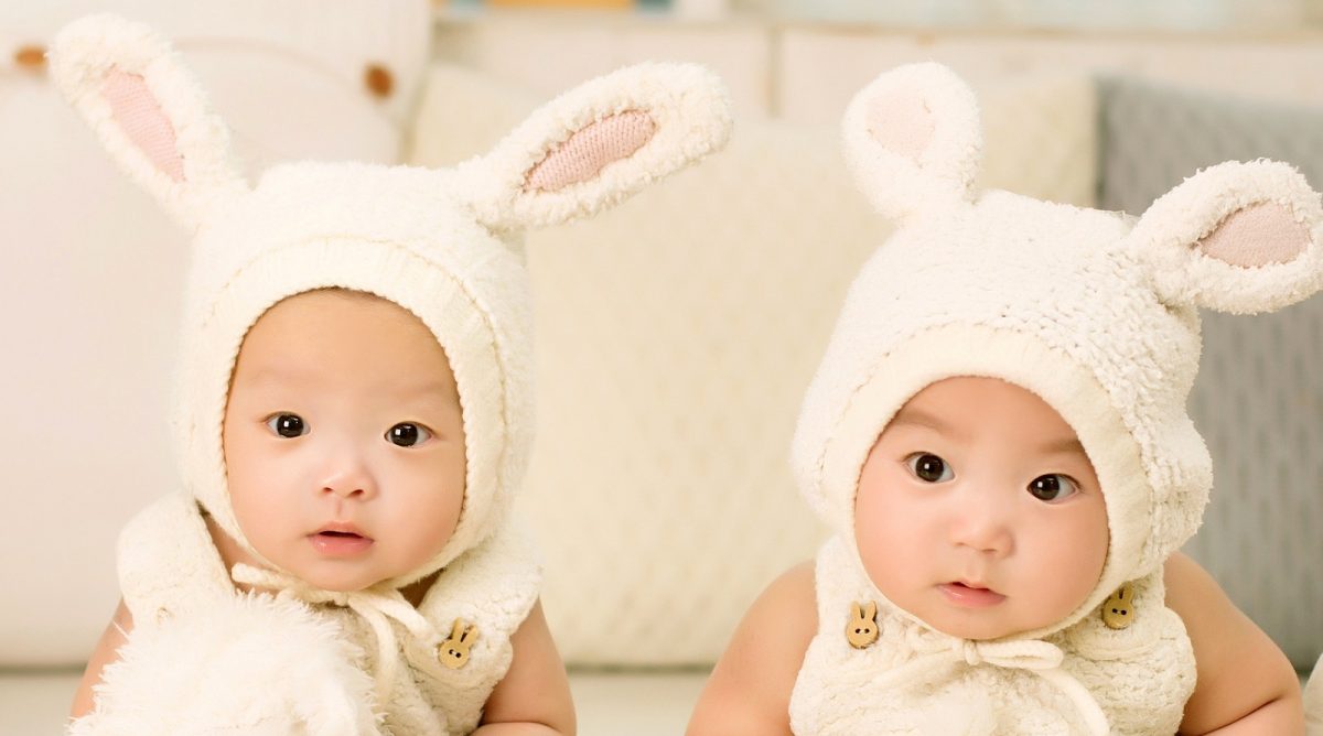 Twin babies in knitted bunny ears
