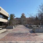 Next to UMSU University Centre, looking east towards UM Admin building on Fort Garry campus.