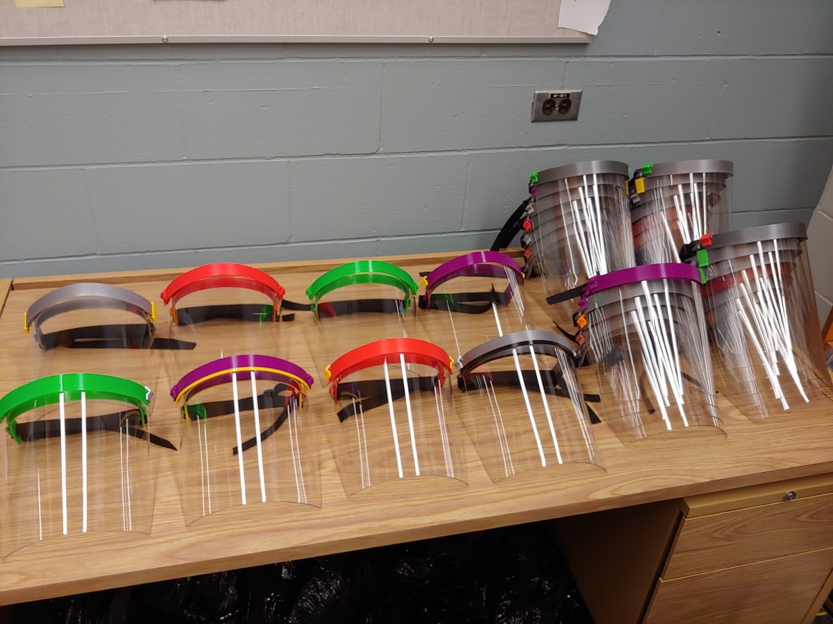 A collection of the finished face shields