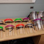 A collection of the finished face shields