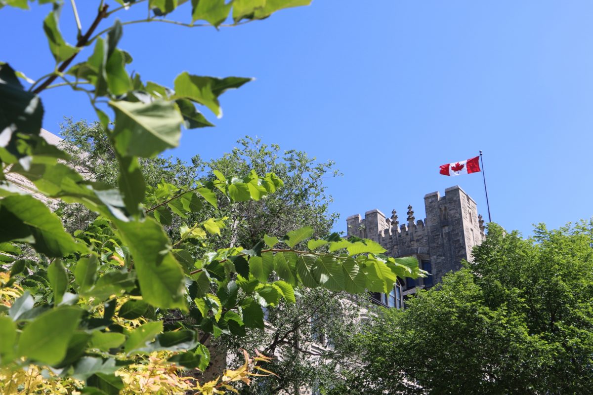 Top of Tier Building with Canadian flag blowing in the wind.