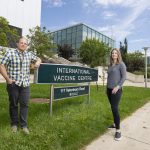 Jason Kindrachuk (University of Manitoba) and Alyson Kelvin (Dalhousie University) stand in front of the Vaccine and Infectious Disease Organization-International Vaccine Centre | Photo: David Stobbe/University of Saskatchewan