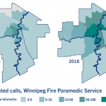 A graphic showing two maps of Winnipeg compares the number of meth-related calls received by the Winnipeg Fire Paramedic Service in 2013 and 2018.