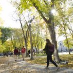 Student walking on campus path surrounded by fall foliage.