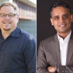 Two males in separate heads shots stand smiling and posing for the camera with neutral backgrounds.