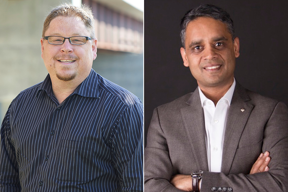 Two males in separate heads shots stand smiling and posing for the camera with neutral backgrounds.