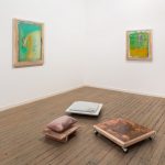 Katie Lyle (background) and Ella Dawn McGeough (foreground), Greener than Grass exhibition view, Susan Hobbs Gallery, 2020, curated by Lillian O’Brien Davis. Photo: Laura Findlay, courtesy of Susan Hobbs Gallery