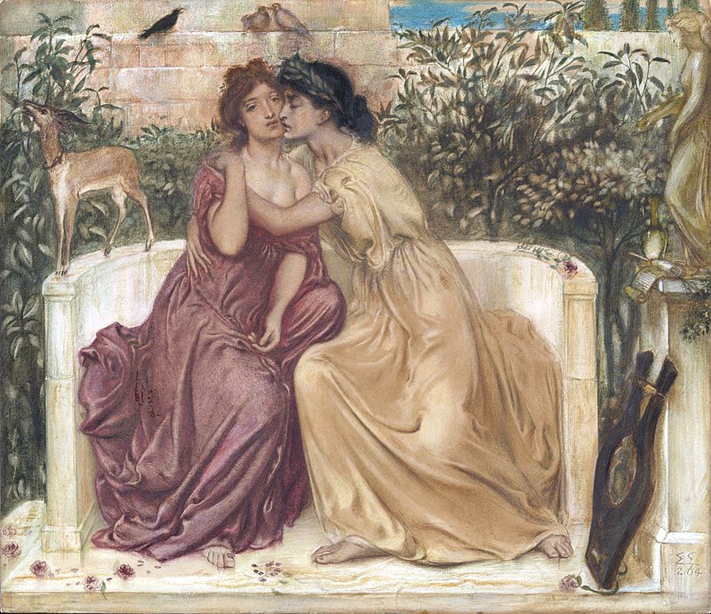 Fragments of Sappho? The 2014 discovery was of five stanzas of one poem and portions of a second. ('Sappho and Erinna in a Garden at Mytilene,'1864, by Simeon Solomon)