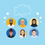 Vector image of students with a thought bubble coming from the group.