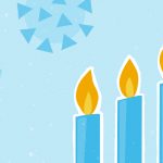 A blue background with candles lit in memorial for COVID-19 anniversary.