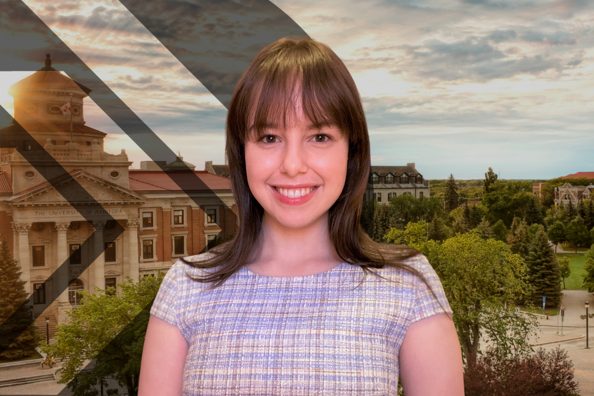 Picture of woman with brown hair and purple shirt smiling. A nice landscape photo of the University of Manitoba in the background.