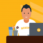 Vector image of student sitting at laptop with flowers on the desk