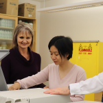 Dr. Sheryl Zelenitsky (left), student Wenxia Luo and faculty member Dr. Ted Lakowski in a lab at the College of Pharmacy