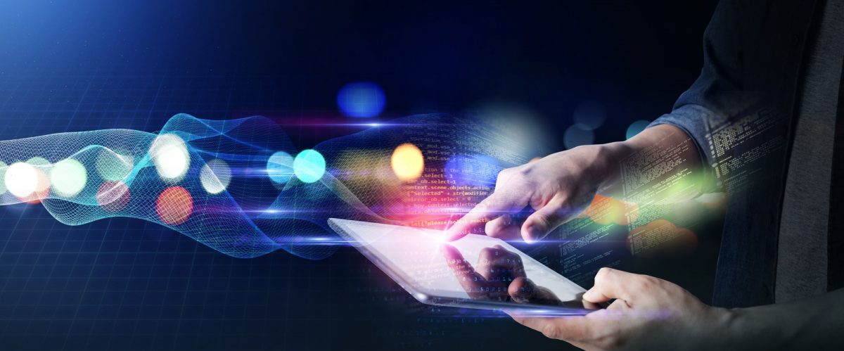 person using tablet surfing internet with futuristic background