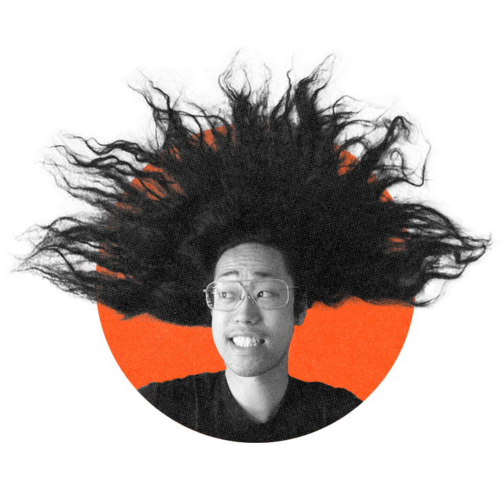 a headshot of Takashi, his long hair spread out like it's been electrocuted