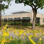 Migizii Agamik building with yellow flowers