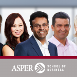 Cut outs of five Asper faculty and a staff.