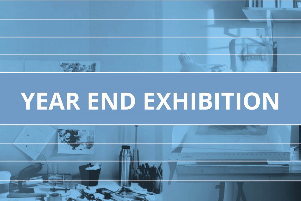 home desks with Year End Exhibition text in white