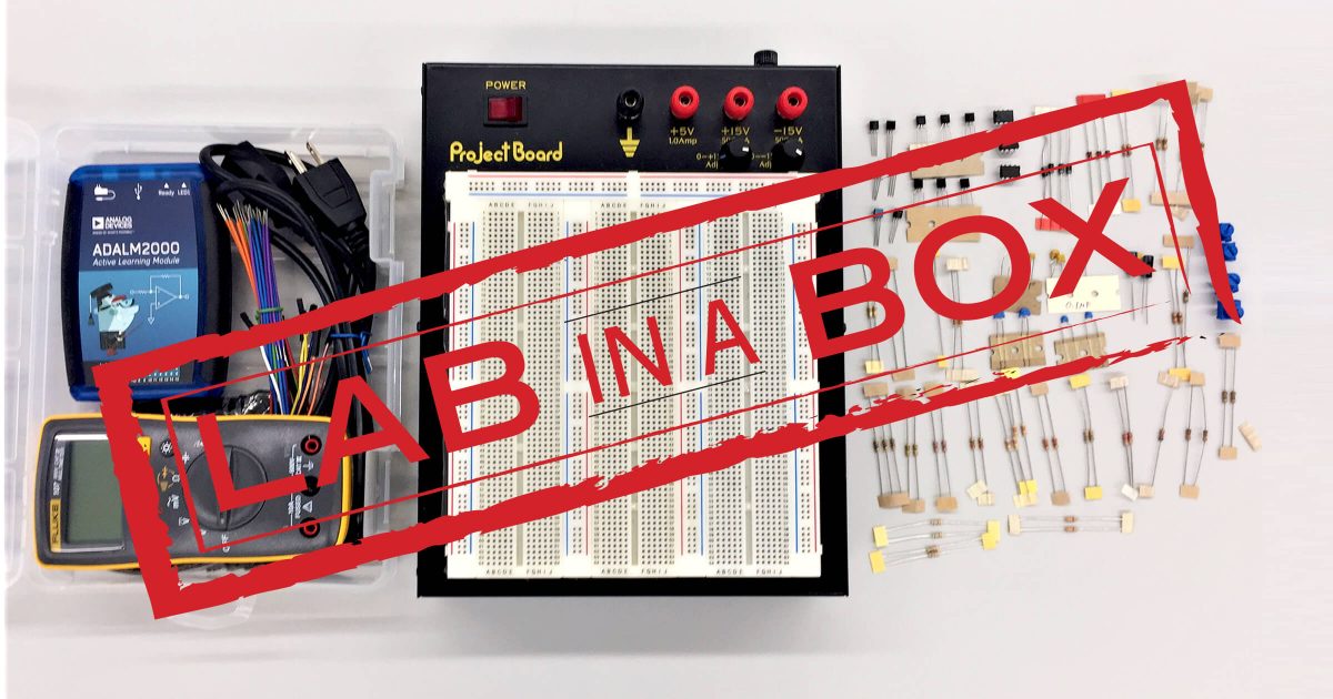 The text "Lab in a Box" overlaid on top of a collection of items.