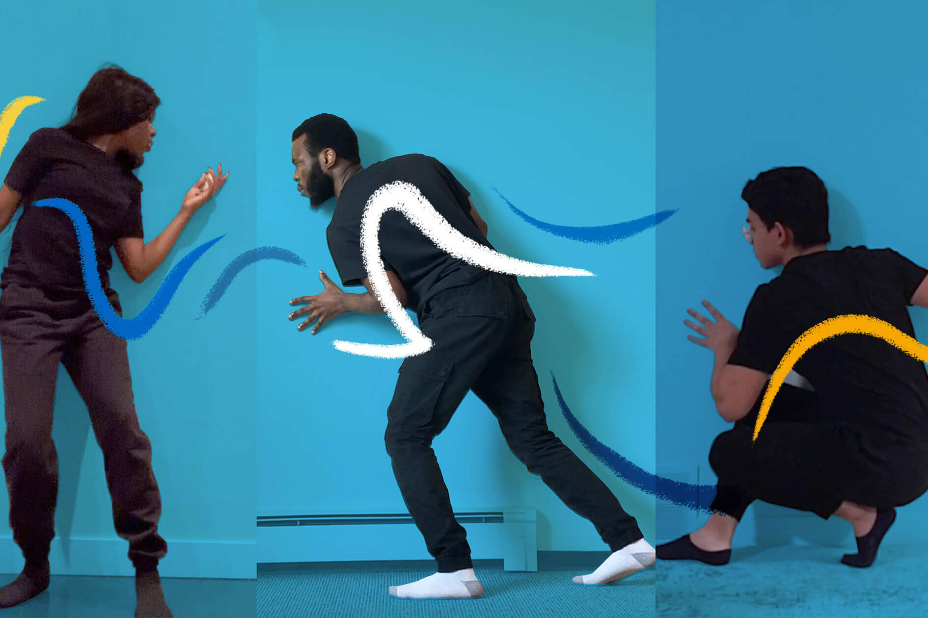Three people dance in an illustrative photographic image with lines drawn over their movements.