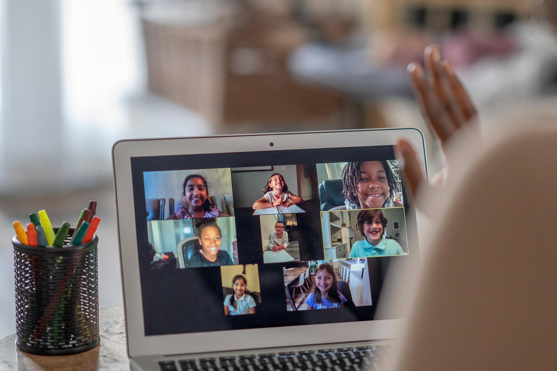 A person chats on a video call.
