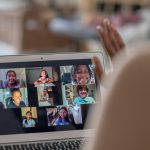 A person chats on a video call.