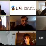 Six IPCC team members talk with a simulated patient on Zoom. Image features UM/Rady Faculty logo and name of a student, HaKyung Bang.