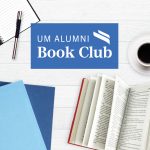 UM Alumni Book Club logo on a white background with images of open book and a cup of coffee