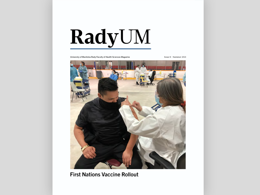 Cover of Summer 2021 issue of RadyUM magazine with photo of Indigenous nurse vaccinating Indigenous community member.