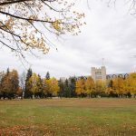 Tier Building with autumn leaves in yellow on Fort Garry campus.