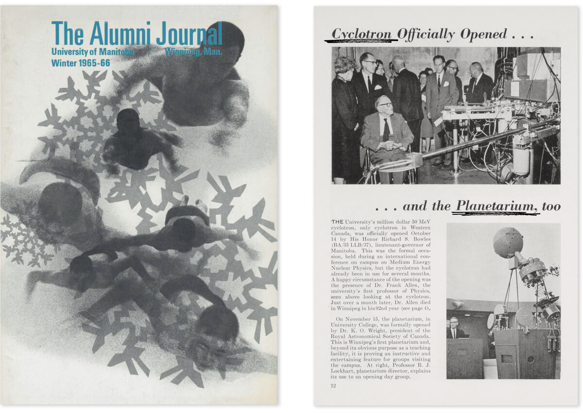 An artistic cover featuring men swimming and an article on the new cyclotron.