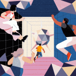 An animated GIF of people in a vector illustration style moving toward a centre square.