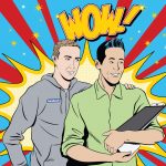 A pop comic illustration of Cheung and Mark Zuckerberg looking at and holding a tablet as if it were a human baby.
