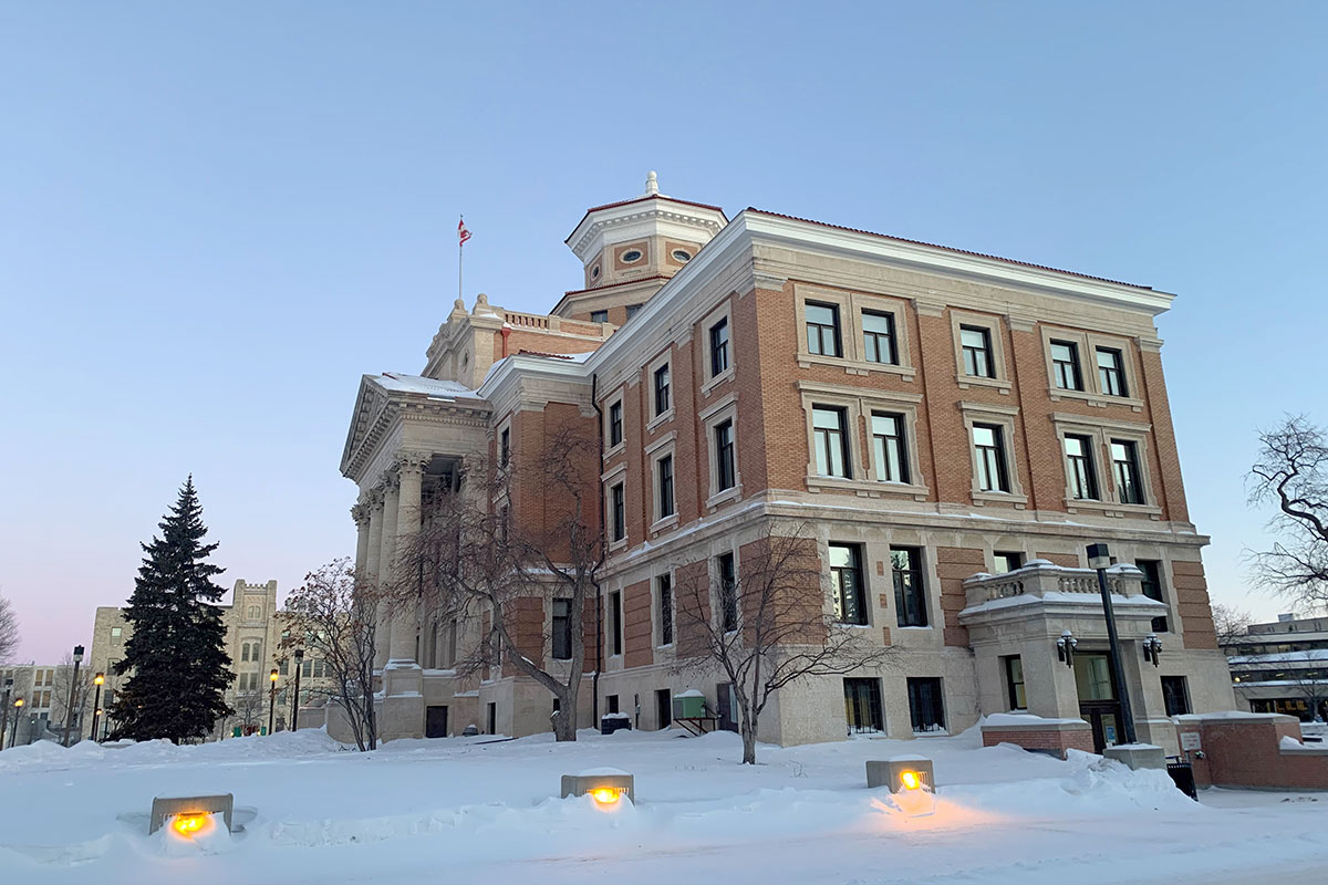 The Administration Building on Fort Garry campus in winter 2022.