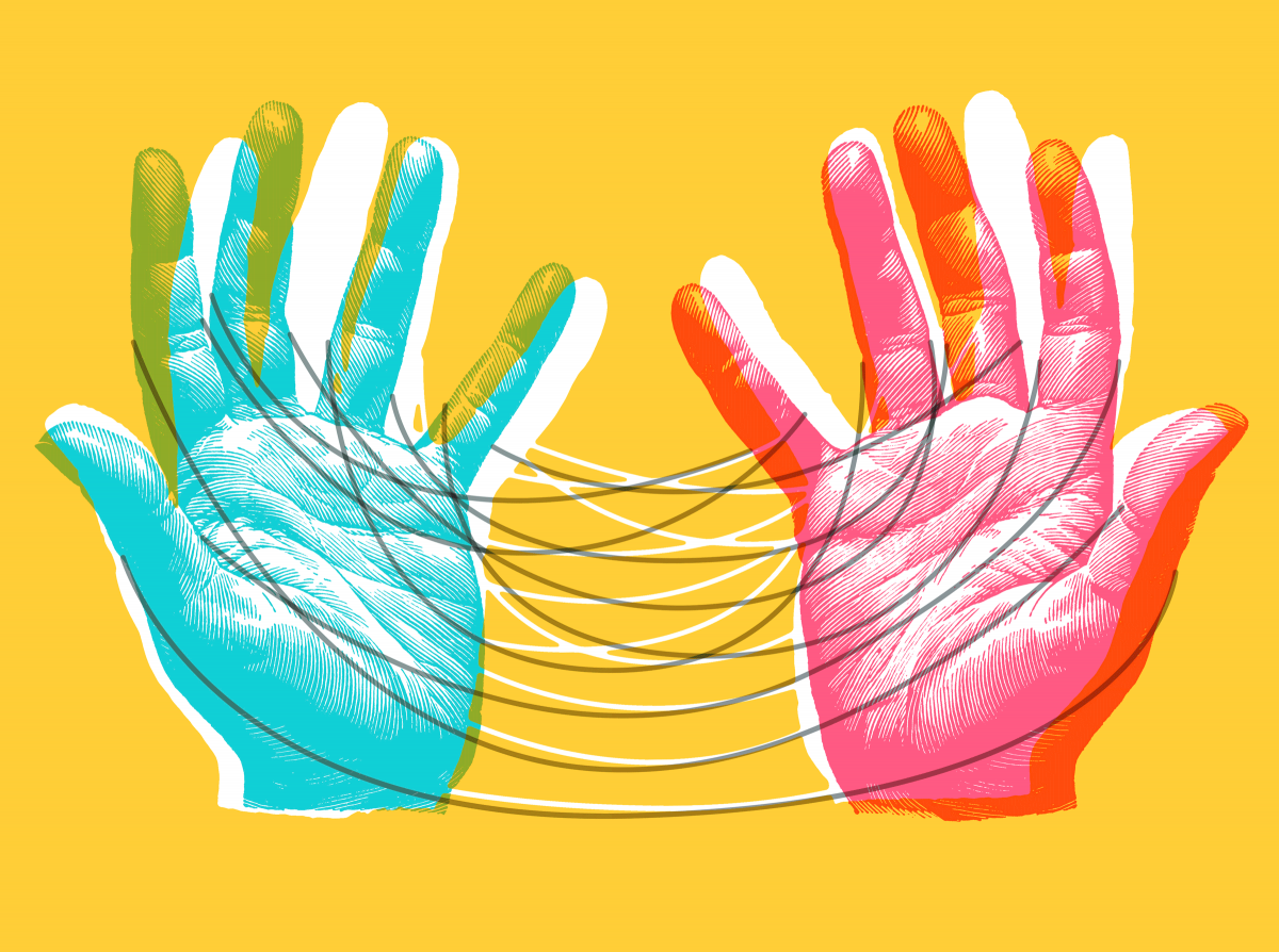 A pop screenprinting-style illustration of two hands entwined with string.