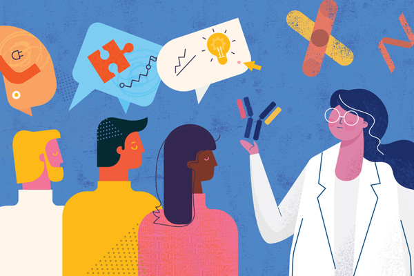 An illustrative representation of a group of people speaking in pictographs to a teacher in a lab coat holding a floating object.