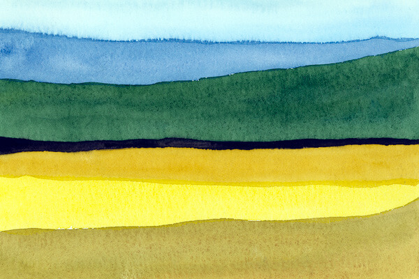 A watercolour painting of horizontal lines that suggest a prairie landscape with a far-off horizon.