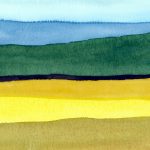 A watercolour painting of horizontal lines that suggest a prairie landscape with a far-off horizon.