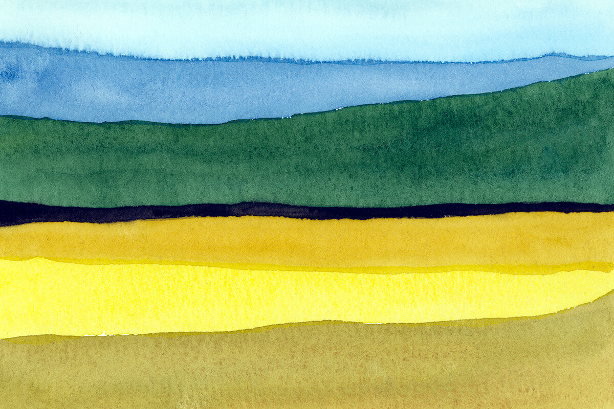 A watercolour painting of horizontal lines that suggest a prairie landscape with a far-off horizon.