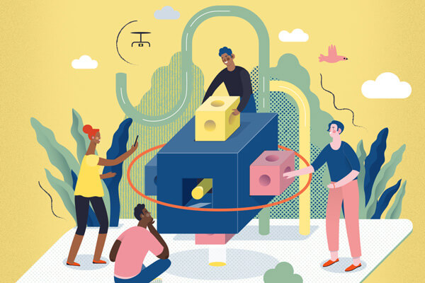 An illustration of people together around a strangely-shaped object, all interacting with and studying the item.