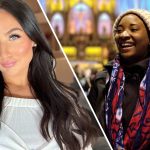 On the left, woman with long black hair wearing a white shirt taking a selfie. On the right, woman in scarf and touque smiling while looking upwards.