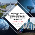 4 images of the Winnipeg city skyline, the Winnipeg sign, the plant earth from space and a large satellite pointing into the story, night sky.