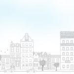 An illustration of a cityscape in lines, with a small Ukrainian flag at the top left. One house is in full colour.