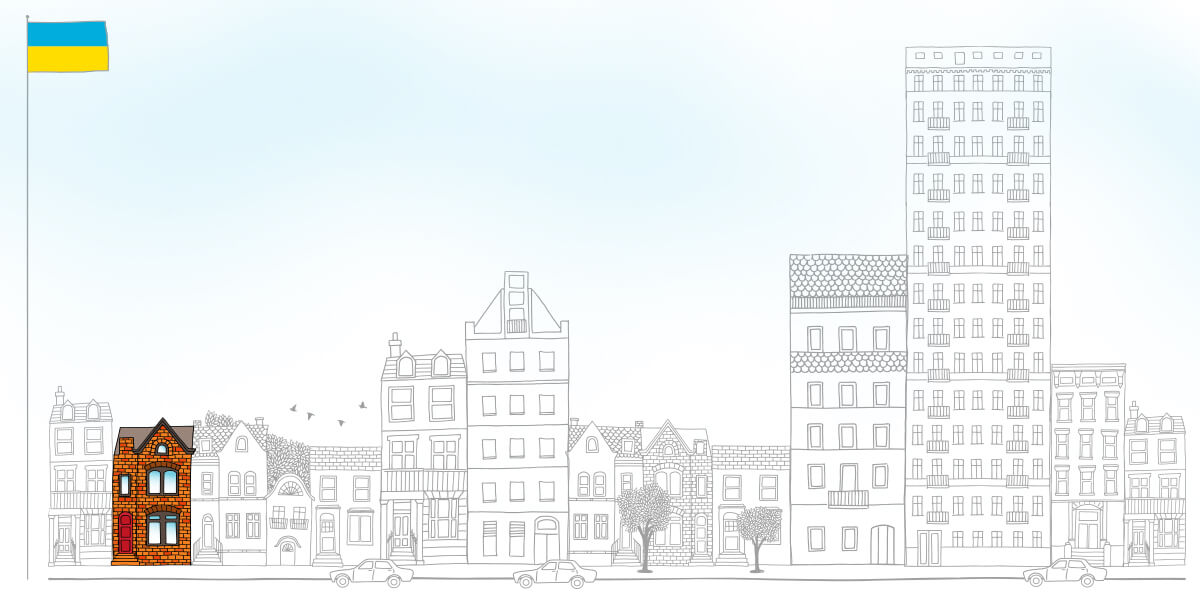 An illustration of a cityscape in lines, with a small Ukrainian flag at the top left. One house is in full colour.